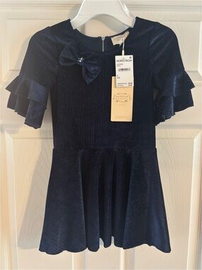 Hannah Banana Navy Velvet Ruffle-Sleeve Party Dress with Bow